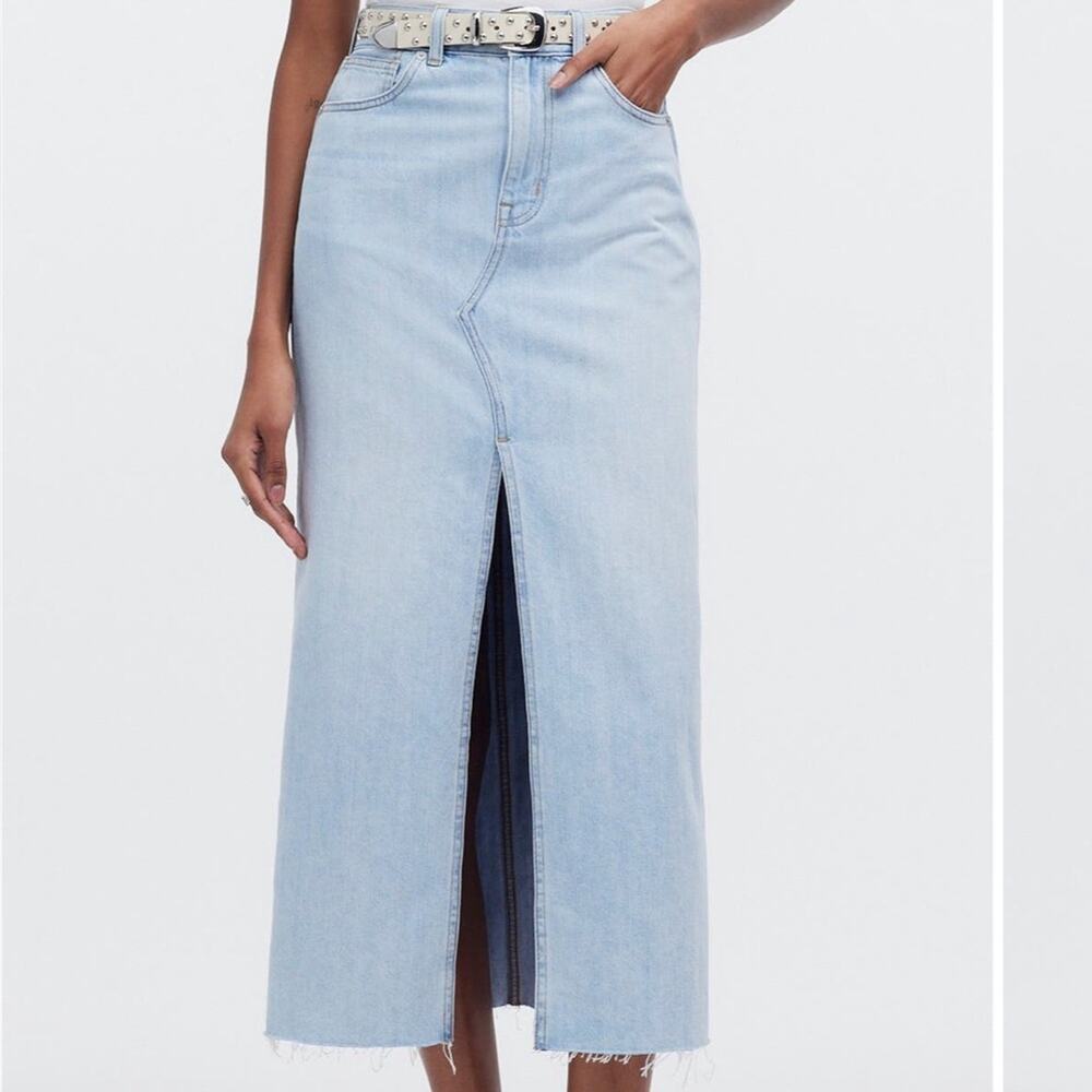 Madewell Light Wash Denim Midi Skirt with Front Slit